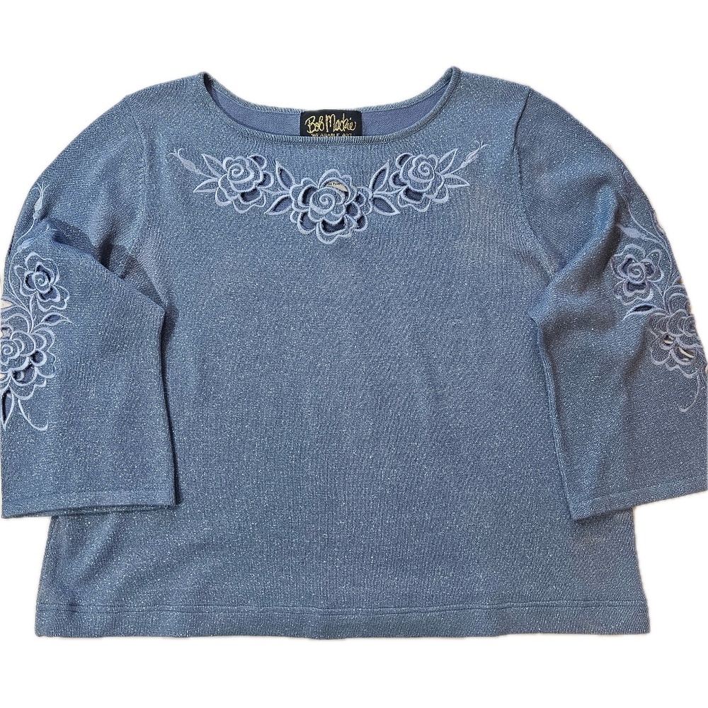 Bob Mackie Shirt Womens Large Blue Floral Embroidered Glitter 3/4 Sleeve Top